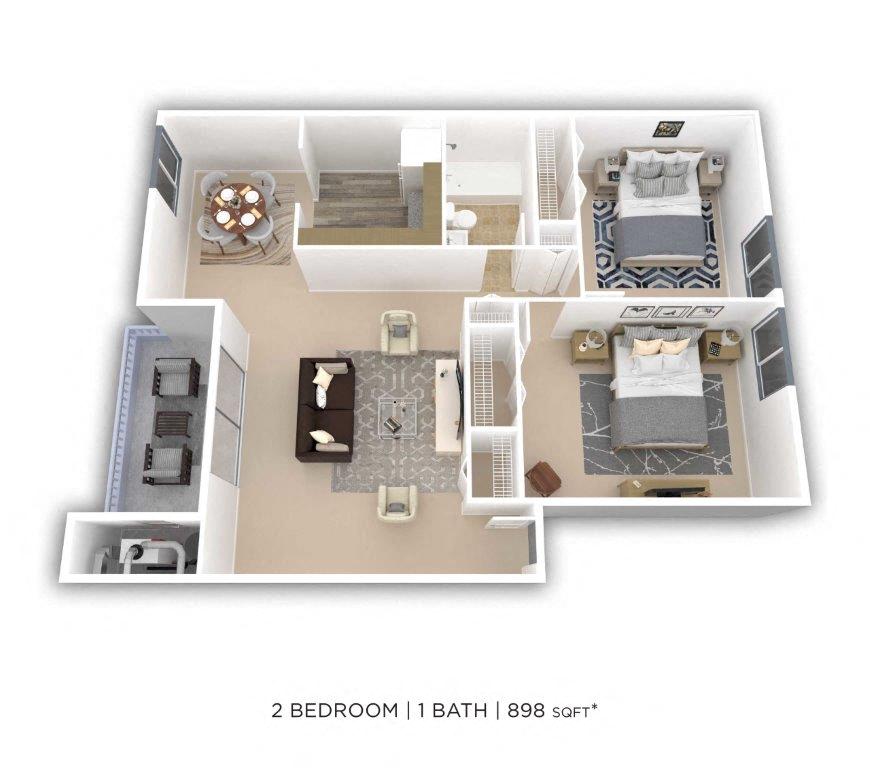 Floor plan for 2 beds, 1 bath, 898 sqft